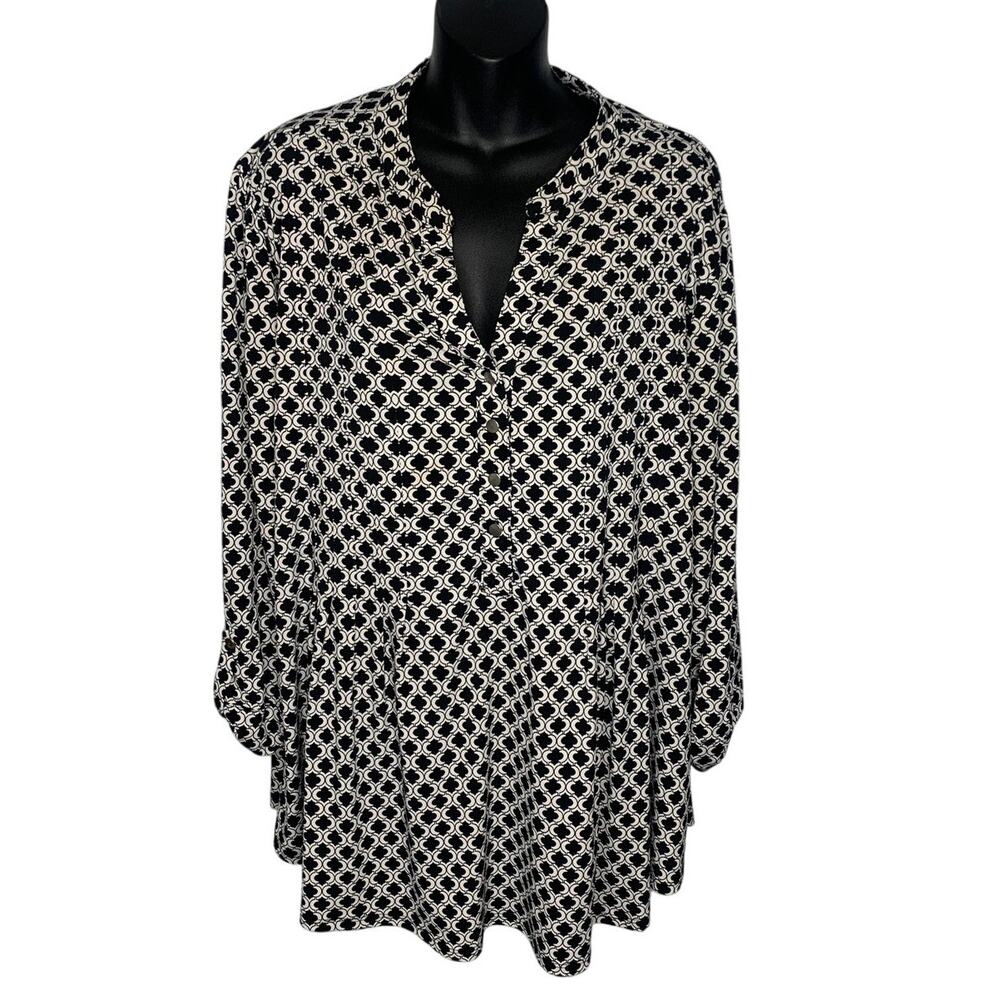 CB Women's 3x Black & White 3/4 Sleeve V-Neck Blouse